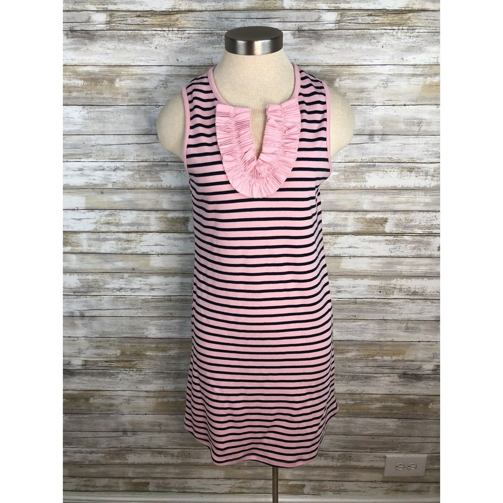 Crown & Ivy  Pink Navy Dress Size  XS Nautical Striped Sleeveless  Ruffle